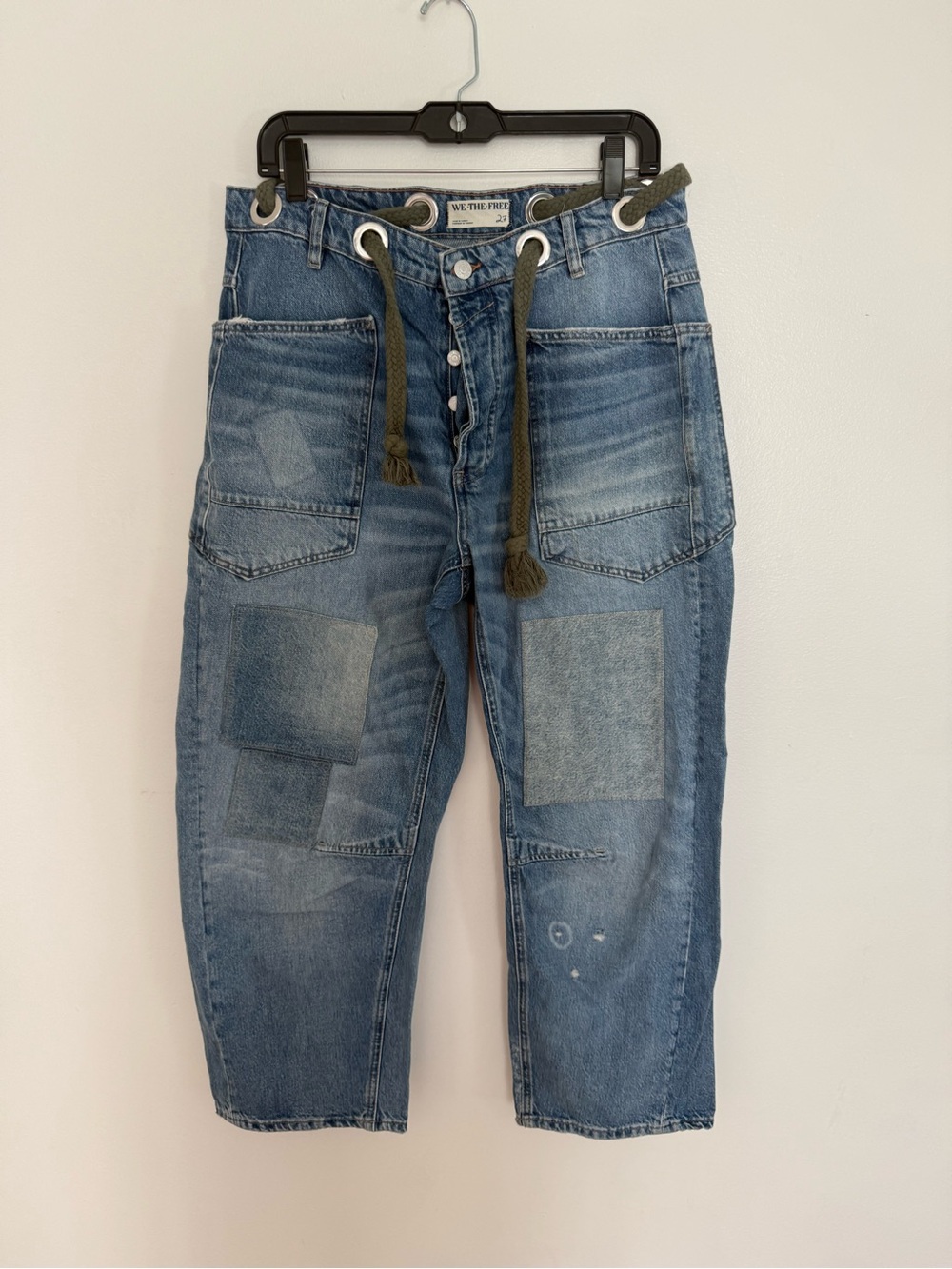 Free People Jeans Moxie Barrel Leg Distressed Green Belted in Truest Blue - Picture 10 of 10